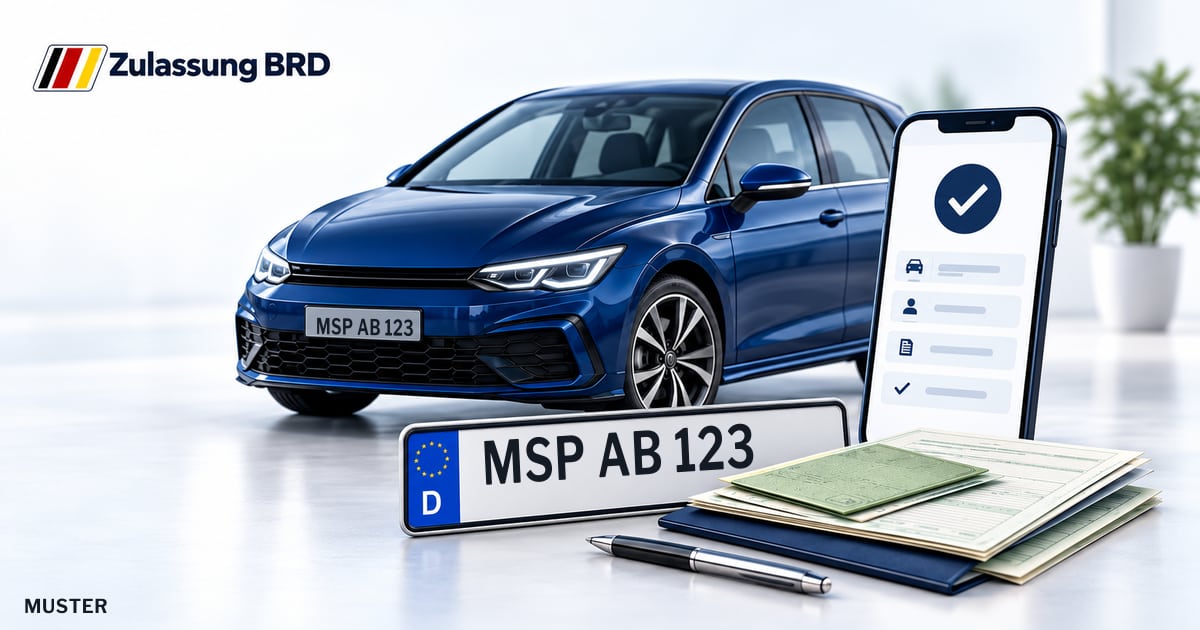 Online Fahrzeugzulassung in Karlstadt: Musterkennzeichen MSP AB 123, Auto und Fahrzeugpapiere und Smartphone. Illustration mit Logo von Zulassung BRD.